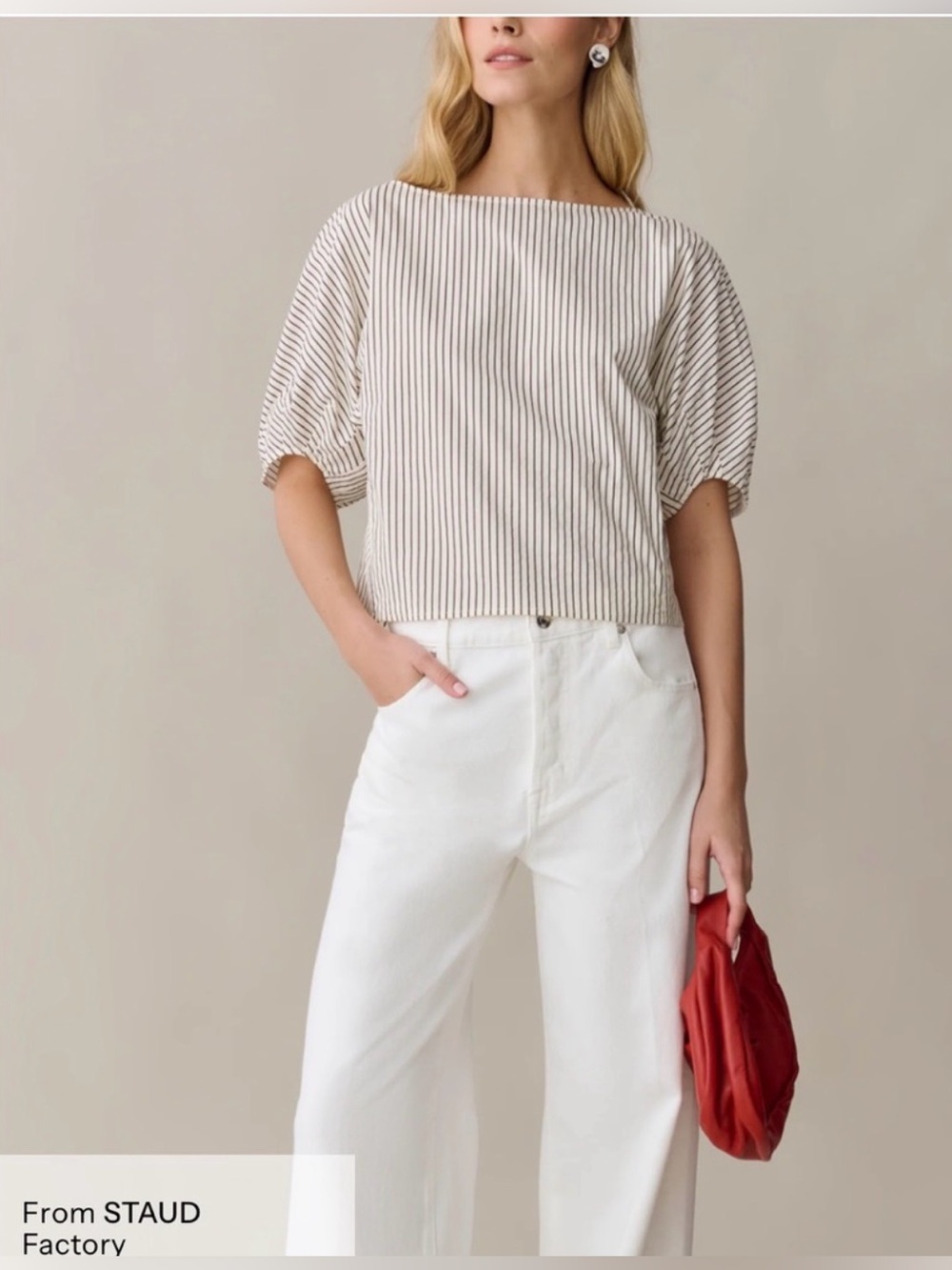 Caara Chic Cream & Brown Stripe Sculptural Sleeve Top size M Few Moda Winnie